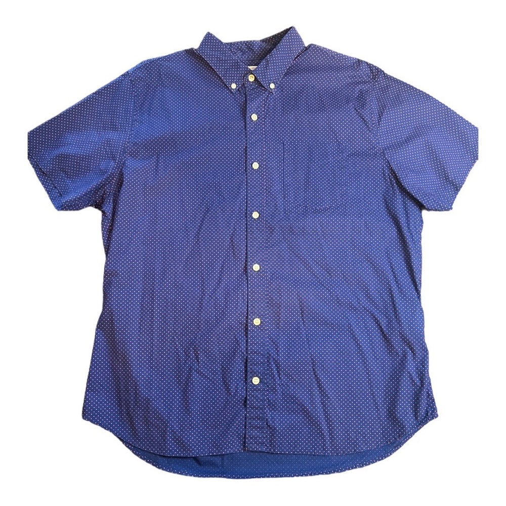 Bright blue/violet polka dot button up short sleeve shirt